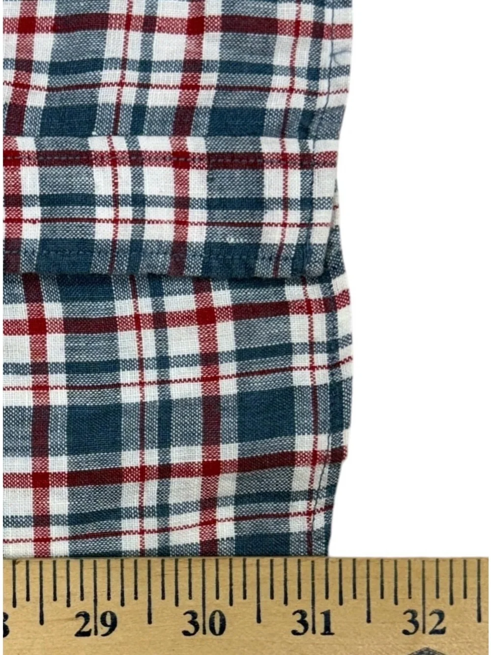 J Crew Baird McNutt Irish Linen Shirt Mens XL Blue Red Plaid Short Sleeve Button